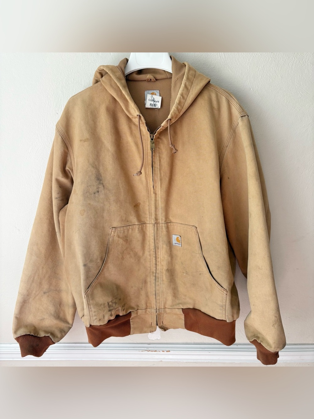 Vintage‎ Carhartt Tan Duck Thrashed Faded Workwear Hooded Jacket Made in USA